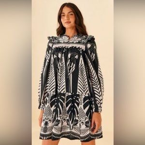 NWT FARM Rio Macaw Elegance Long Sleeve Mini Dress in Black/White - Size Medium